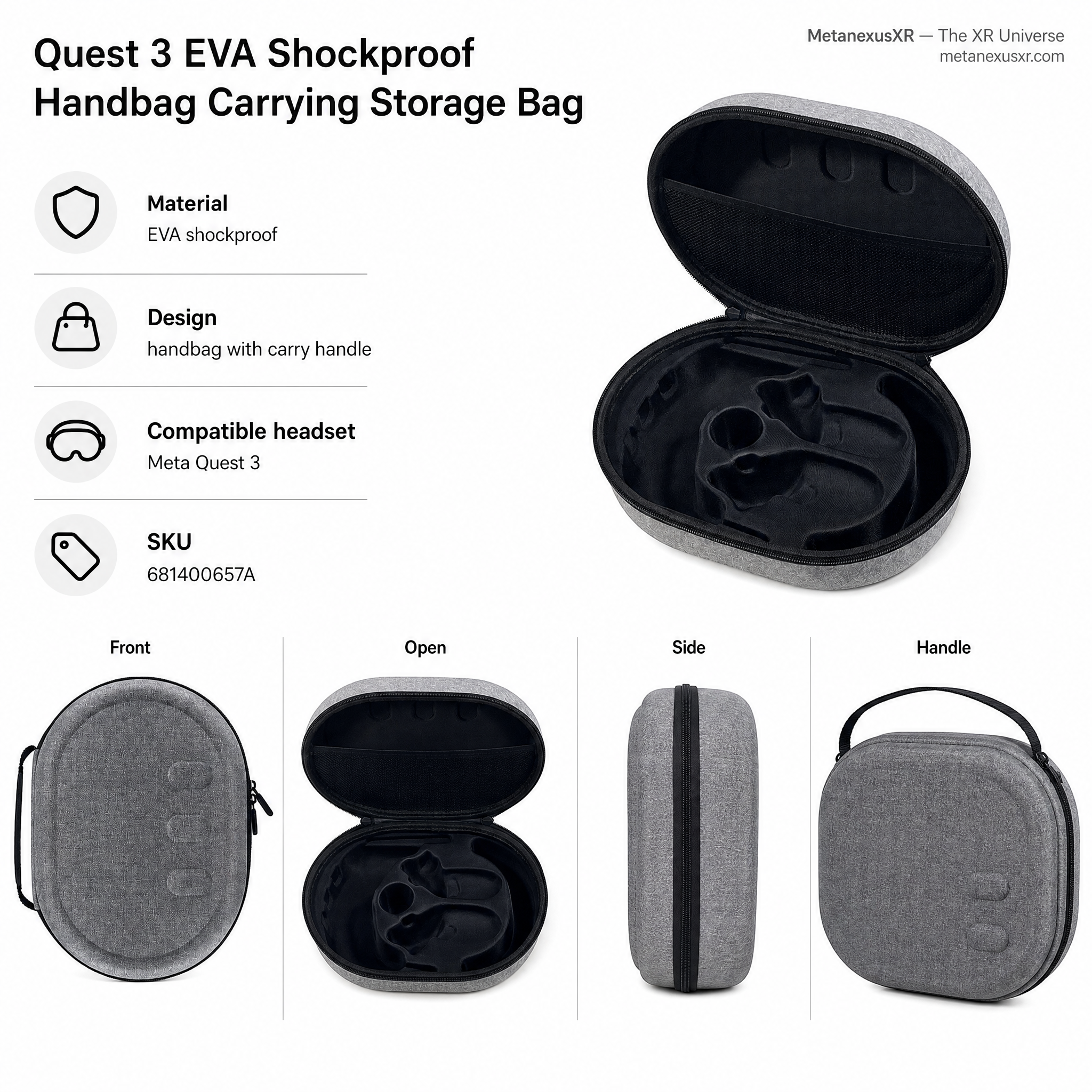 Quest 3 EVA shockproof handbag case, front view, closed - Metanexus XR SKU 681400657A