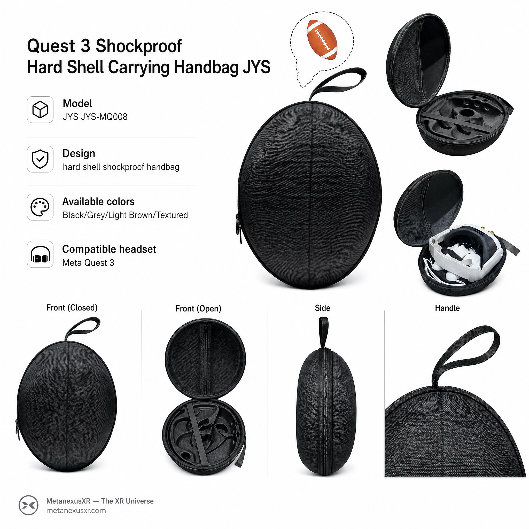 JYS JYS-MQ008 hard-shell EVA case for Meta Quest 3, front view closed - Metanexus XR