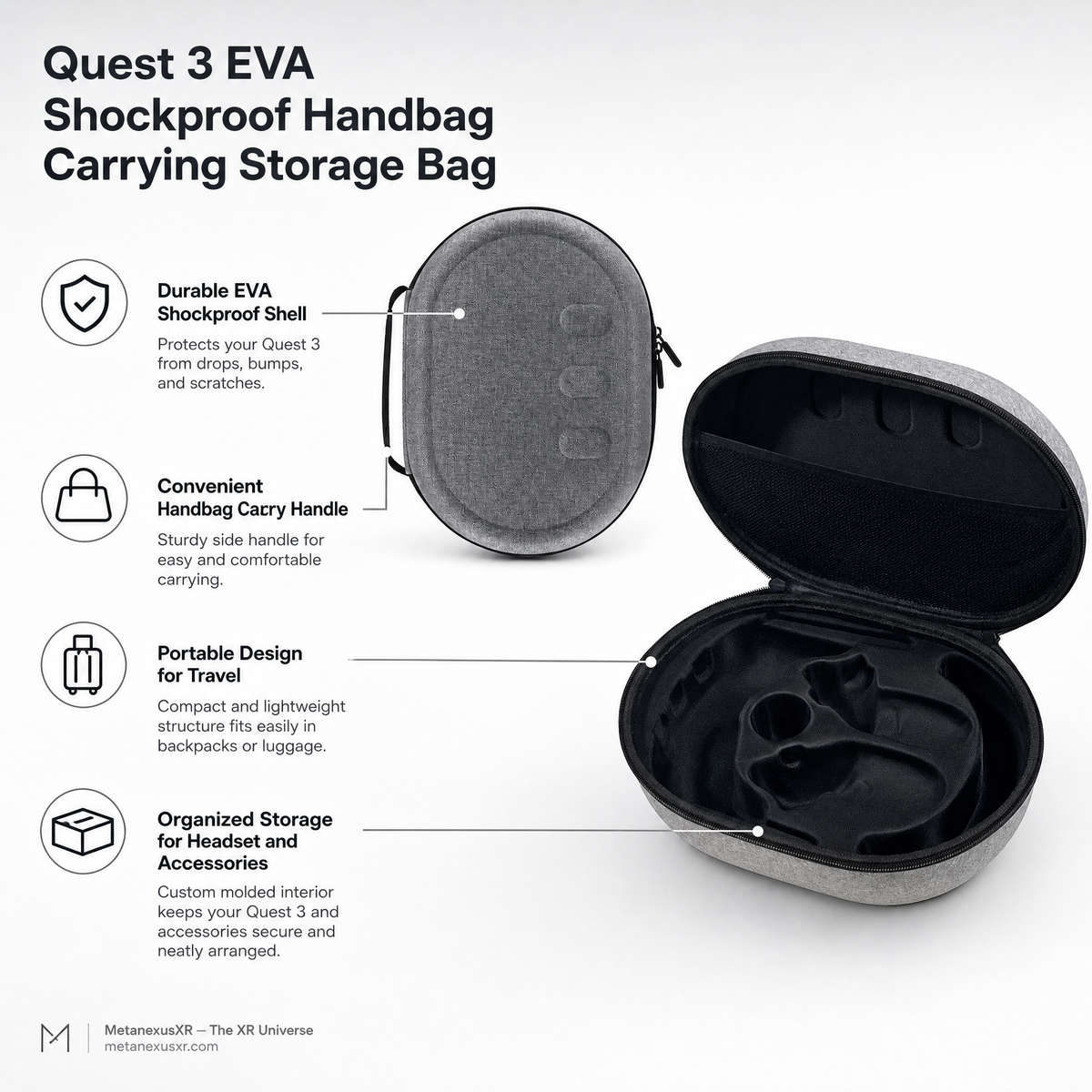 Quest 3 EVA handbag case unzipped showing shaped foam interior - Metanexus XR