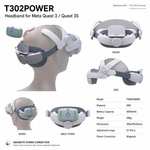 Front view of the T302POWER head strap with battery pack attached, for Meta Quest 3 and Quest 3S