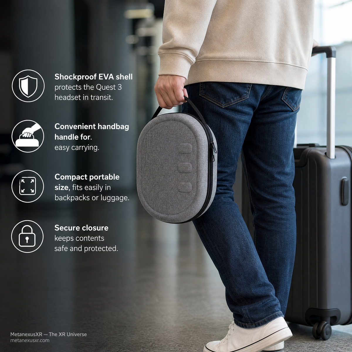 Quest 3 EVA handbag case with headset and Touch Plus controllers packed inside - Metanexus XR