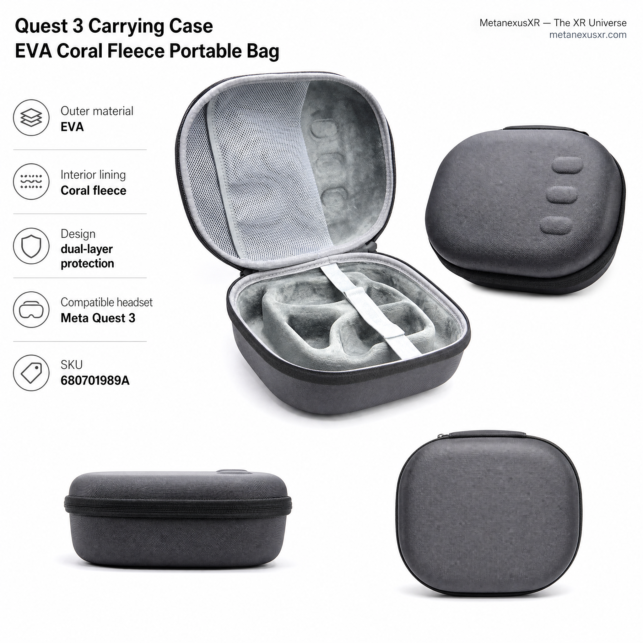 Quest 3 EVA case with coral fleece lining, front view closed - Metanexus XR SKU 680701989A