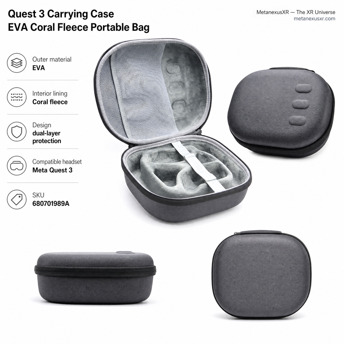 Quest 3 EVA case with coral fleece lining, front view closed - Metanexus XR SKU 680701989A