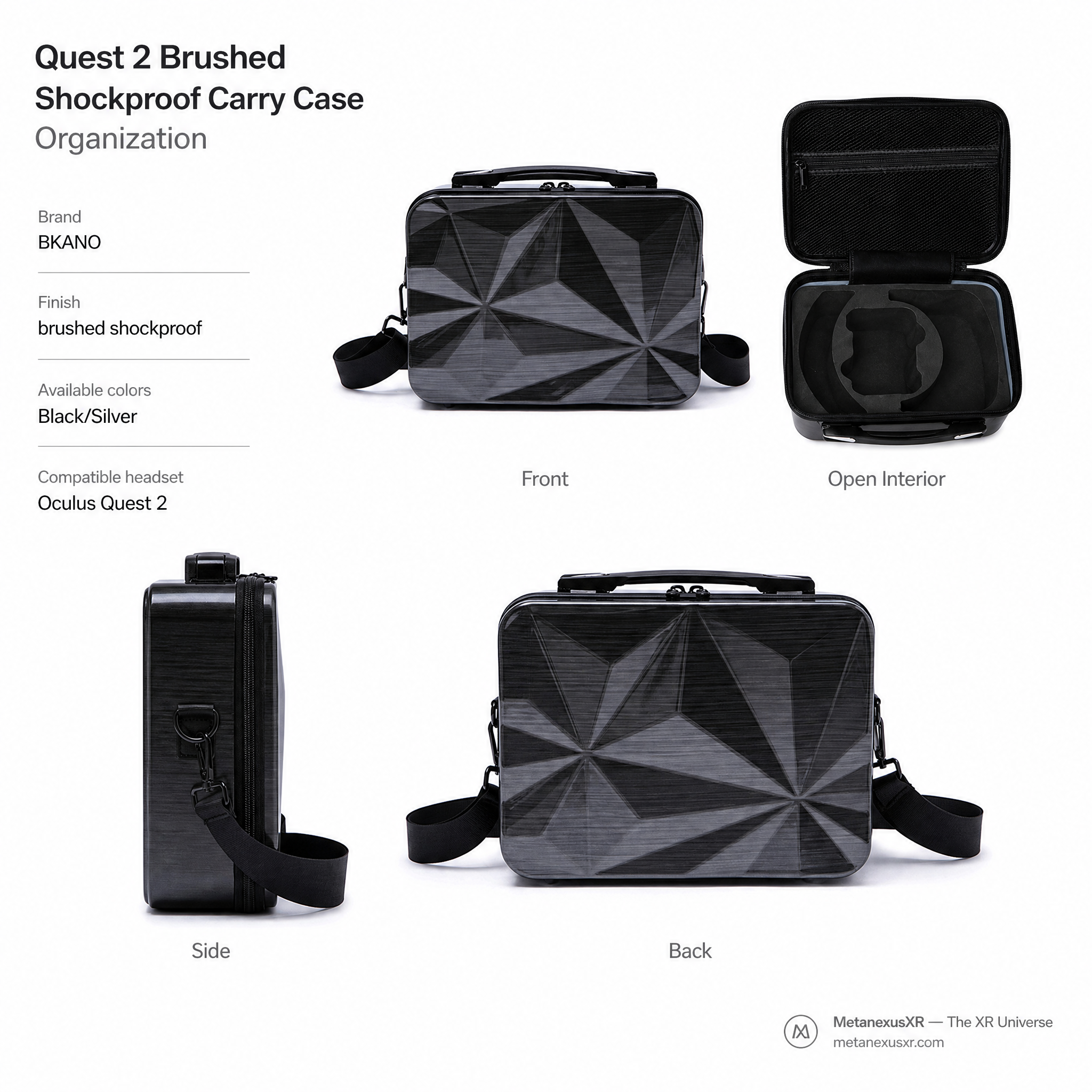 BKANO Quest 2 organizer case, brushed finish, front view closed - Metanexus XR