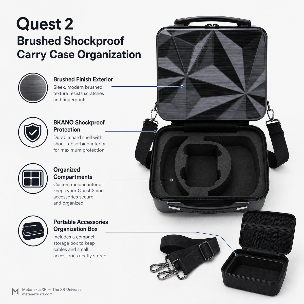 BKANO Quest 2 case opened showing headset well and accessory compartments - Metanexus XR