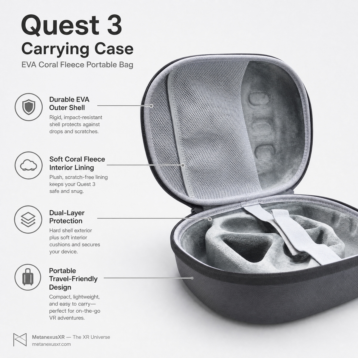 Quest 3 case opened showing soft coral fleece interior lining - Metanexus XR