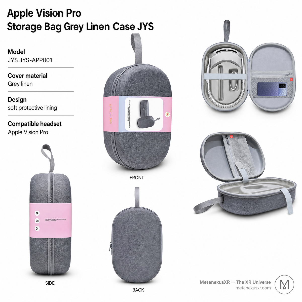 JYS JYS-APP001 grey linen travel case for Apple Vision Pro, front view - Metanexus XR