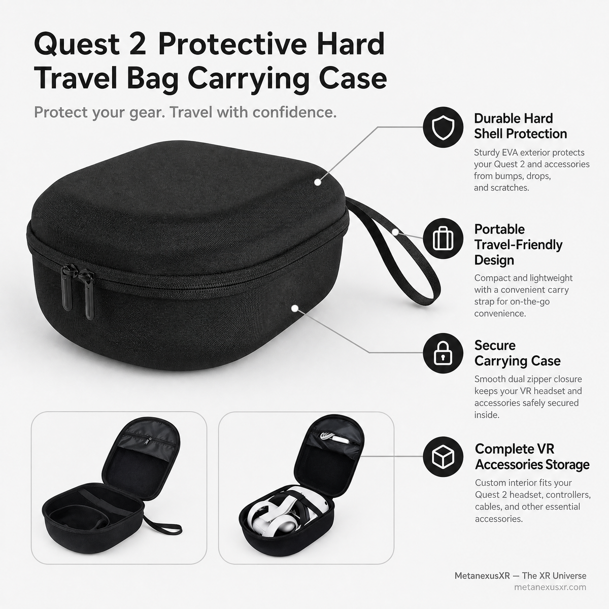 Quest 2 hard travel case opened showing single storage compartment - Metanexus XR