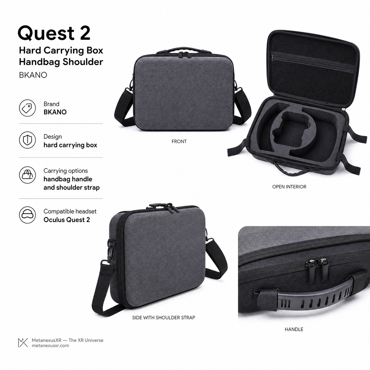 BKANO Quest 2 hard case with shoulder strap, front view - Metanexus XR