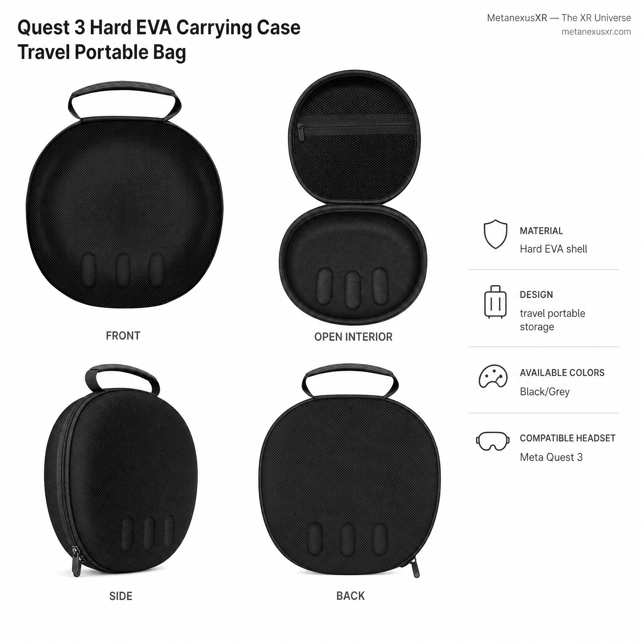 Unbranded hard EVA travel case for Meta Quest 3, front view - Metanexus XR SKU 681400596A