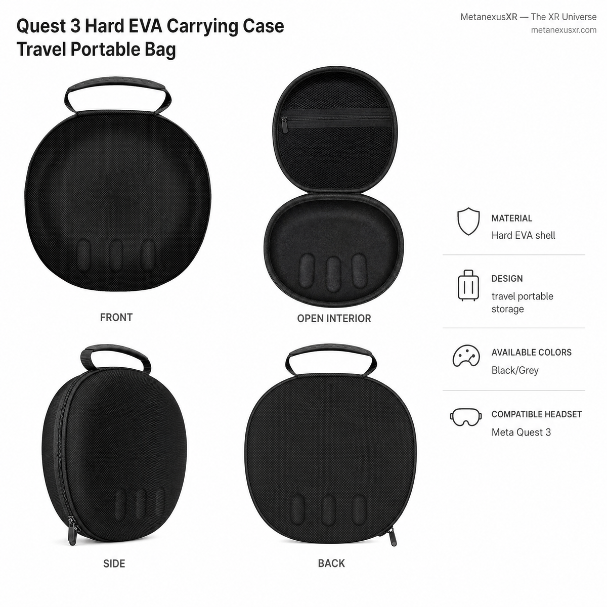 Unbranded hard EVA travel case for Meta Quest 3, front view - Metanexus XR SKU 681400596A