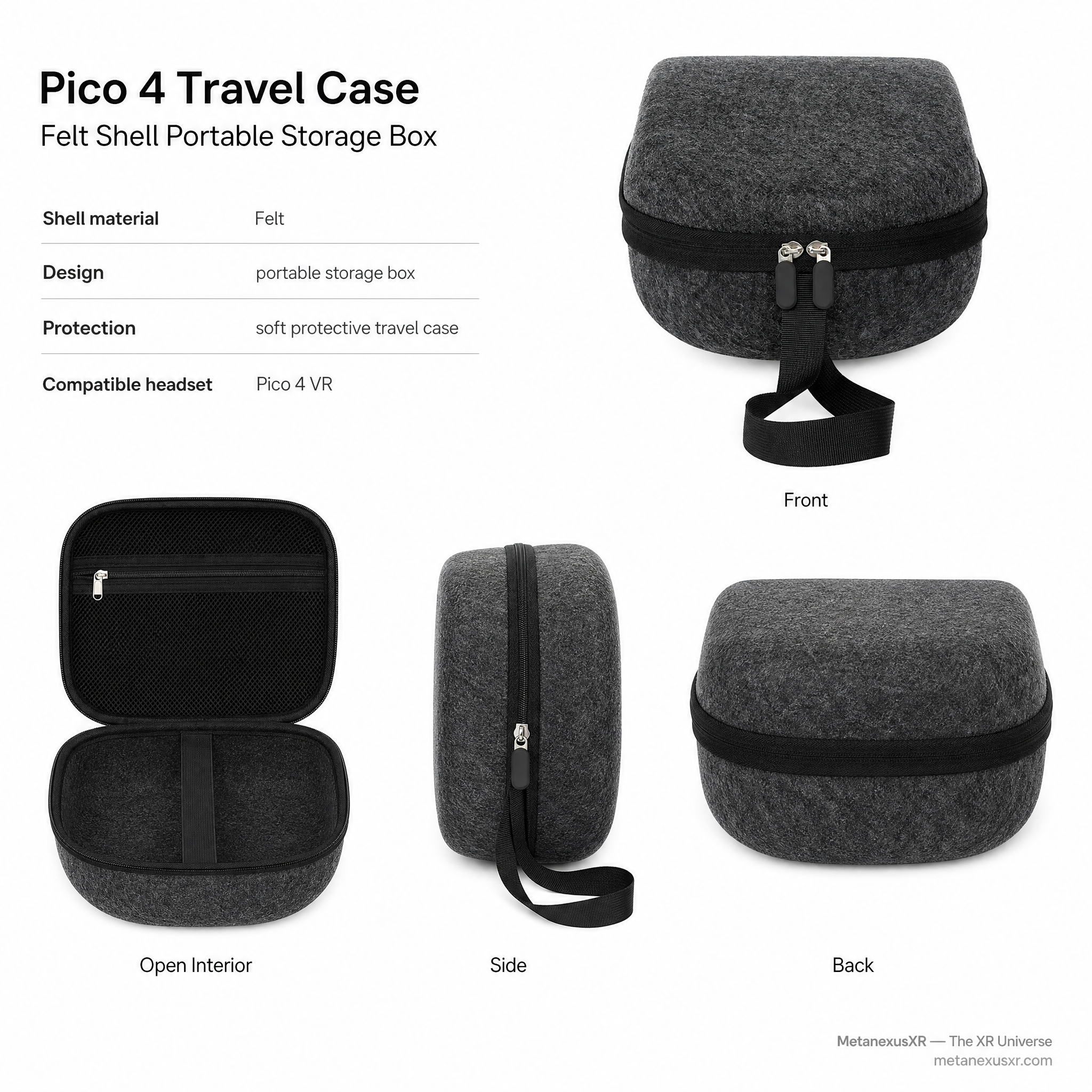 Pico 4 soft felt travel case, front view - Metanexus XR SKU 861300371A