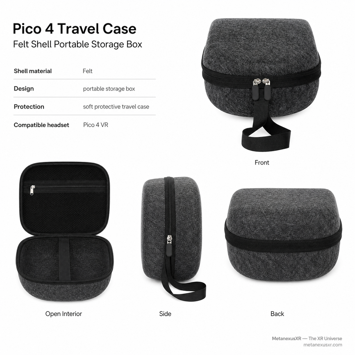 Pico 4 soft felt travel case, front view - Metanexus XR SKU 861300371A