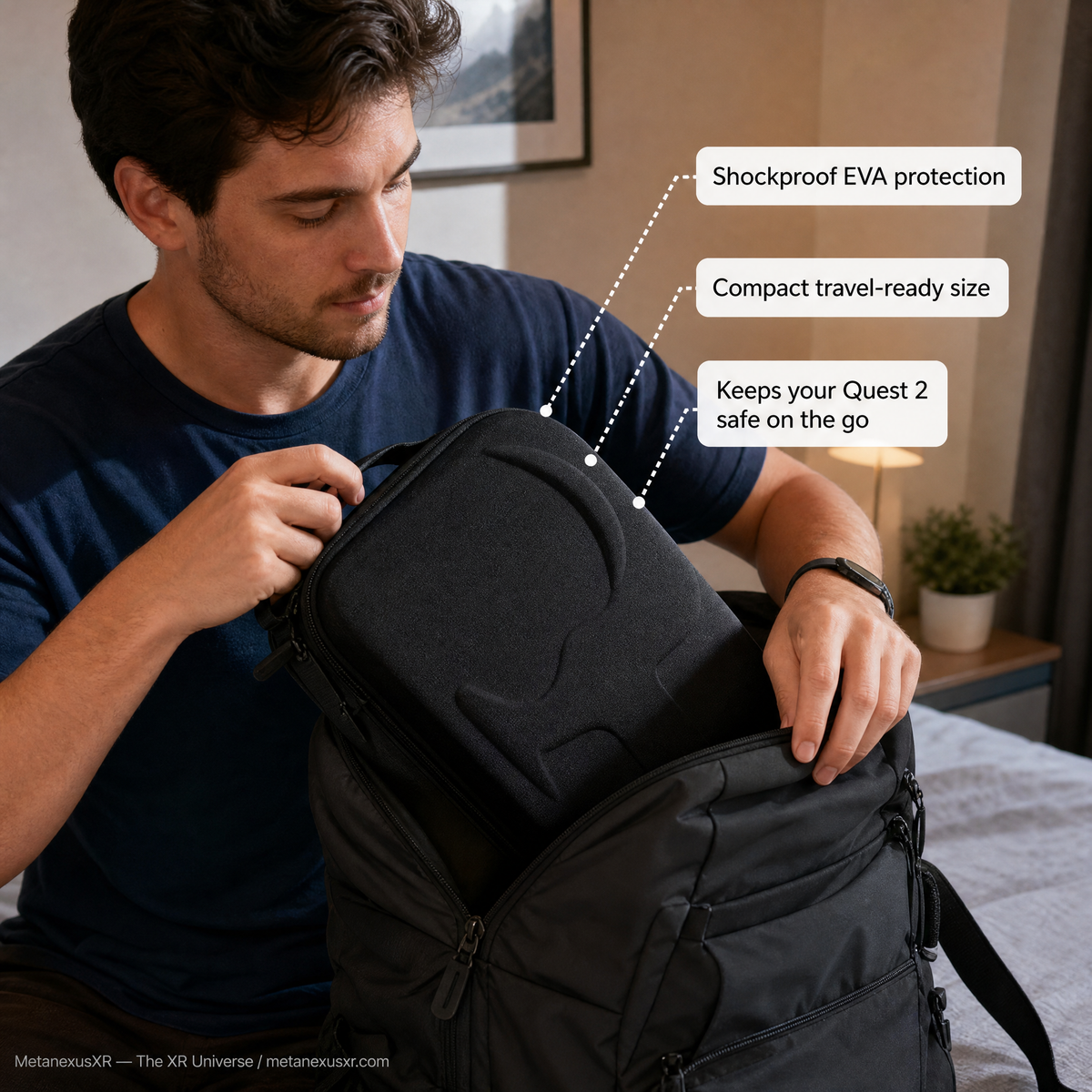 Quest 2 Oxford cloth EVA case product photo, angled view - Metanexus XR