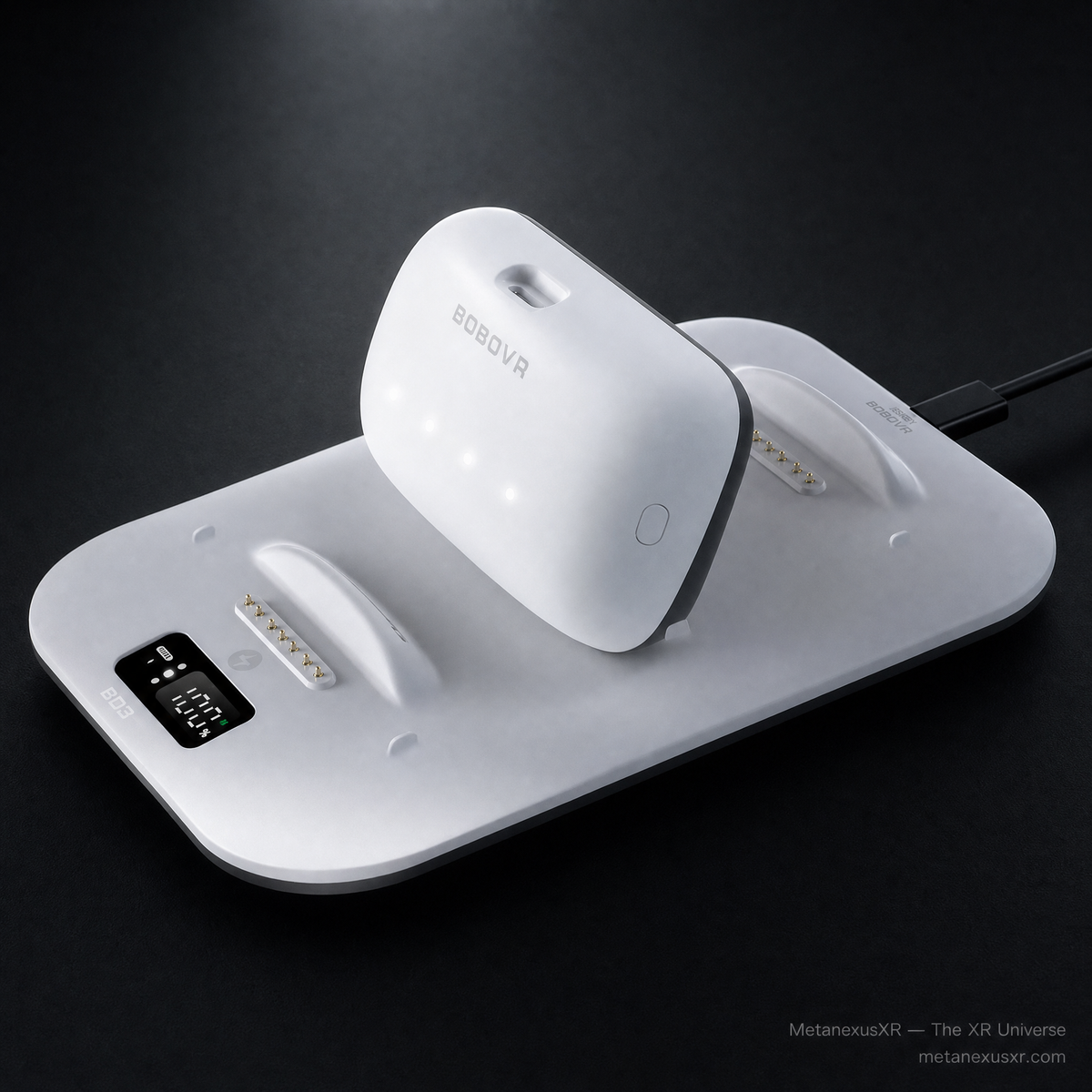 BOBOVR BD3 triple B100 battery charging base - front view, SKU 680201268A