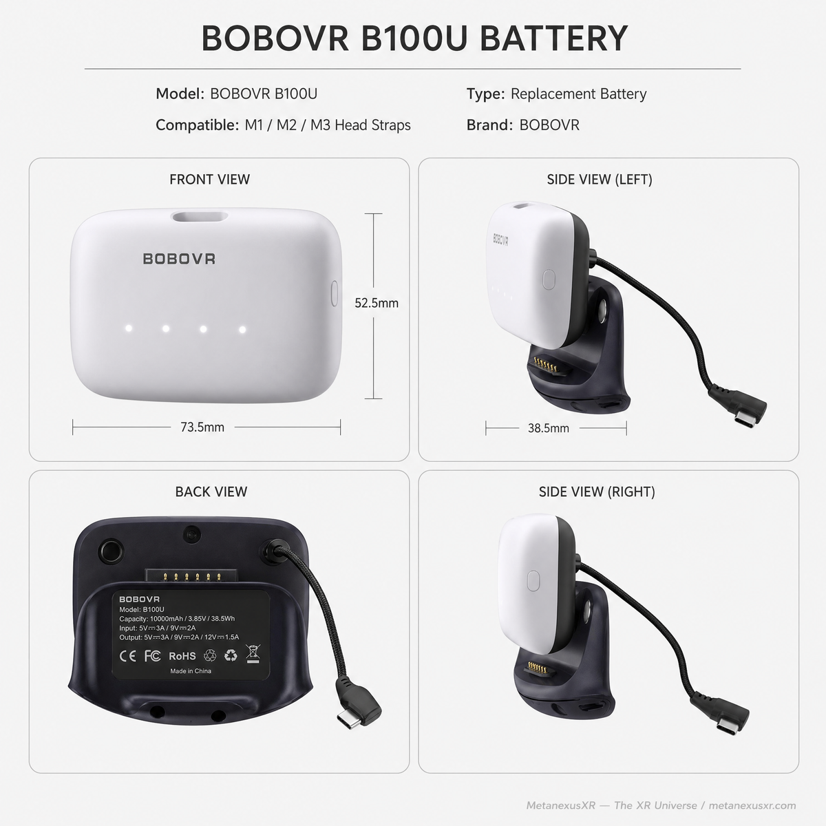 BOBOVR B100U battery size comparison, SKU 6817000642A