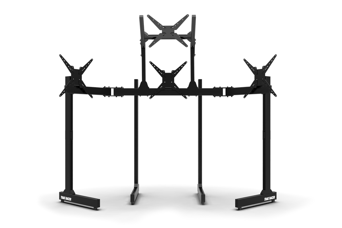 Large Freestanding Quad Monitor Stand with Extra Support Legs – 3 x 55 Inch + 45 Inch Overhead – large freestanding quad monitor stand with four screens – photo 2 of 6