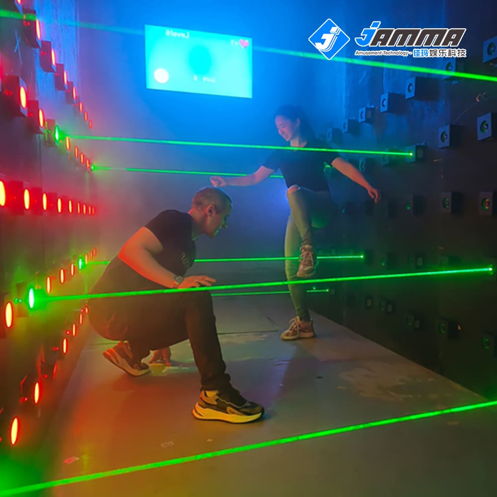 MetaNexusXR laser maze game kit creating complex, smoke-filled laser beams for an immersive room experience. | MetaNexusXR