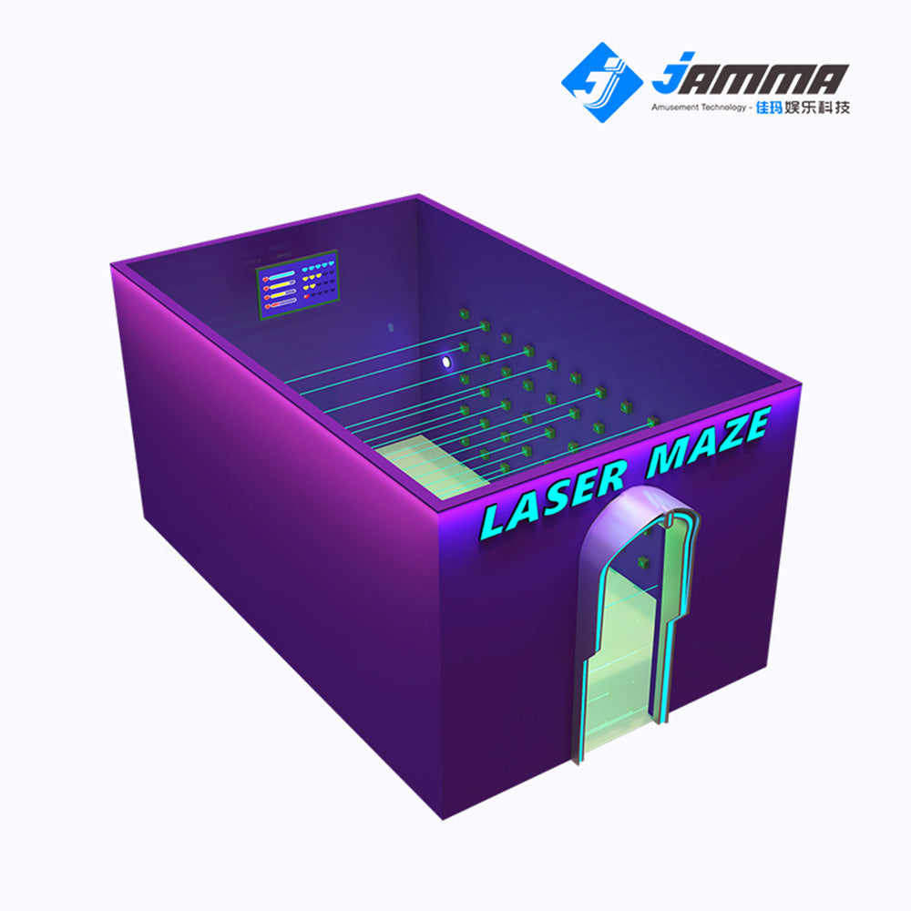 MetaNexusXR laser maze kit with vibrant green lasers piercing through smoke in an immersive game room setup. | MetaNexusXR