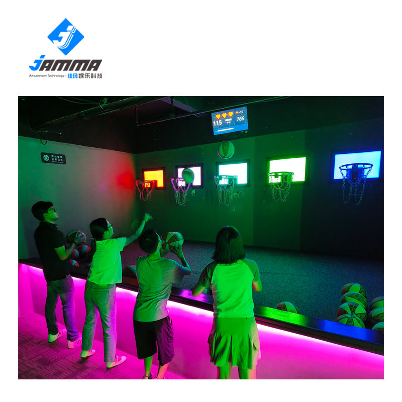 Basketball team actively shooting in MetaNexusXR's interactive sensor game. | MetaNexusXR