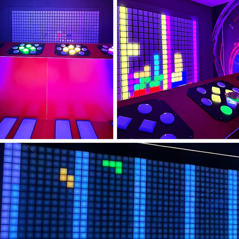 MetaNexusXR activation control game: interactive LED wall grid challenge with illuminated panels. | MetaNexusXR