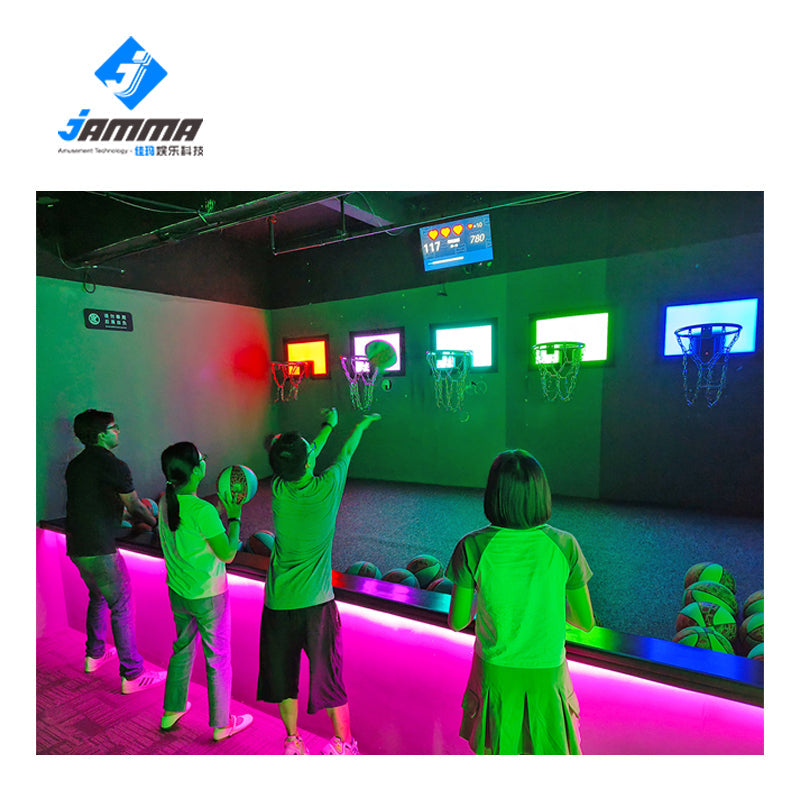 Basketball team plays a MetaNexusXR interactive sensor shooting game, dynamic and engaging. | MetaNexusXR