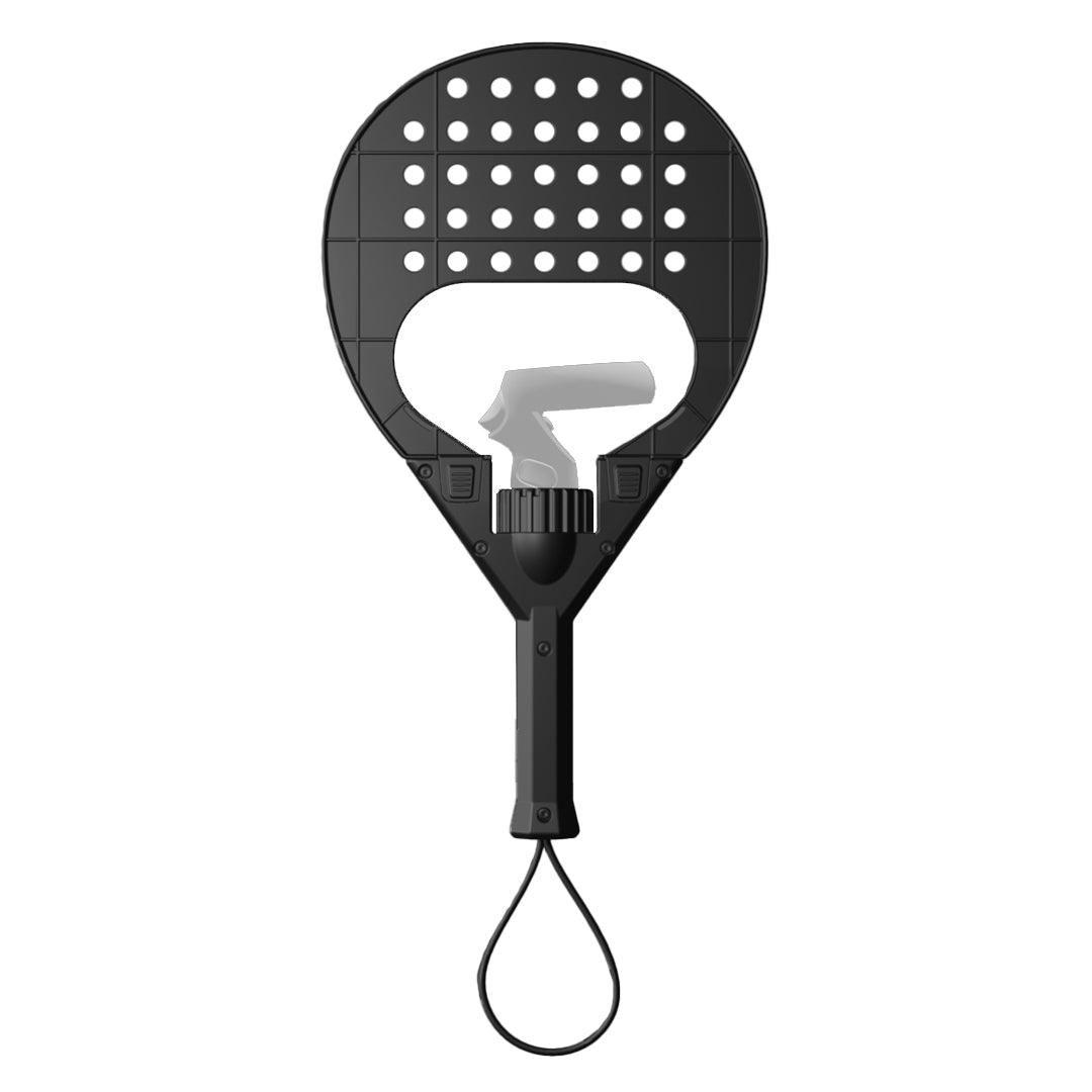 Hand gripping the VR padel racket in a padel-ready stance – Metanexus XR