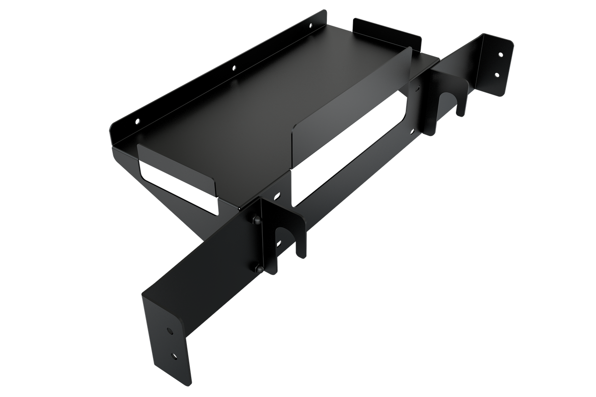 PC & Control Box Shelf for NexusView Steel Tube Monitor Stands – steel PC shelf bolted to a steel tube monitor stand – photo 1 of 12