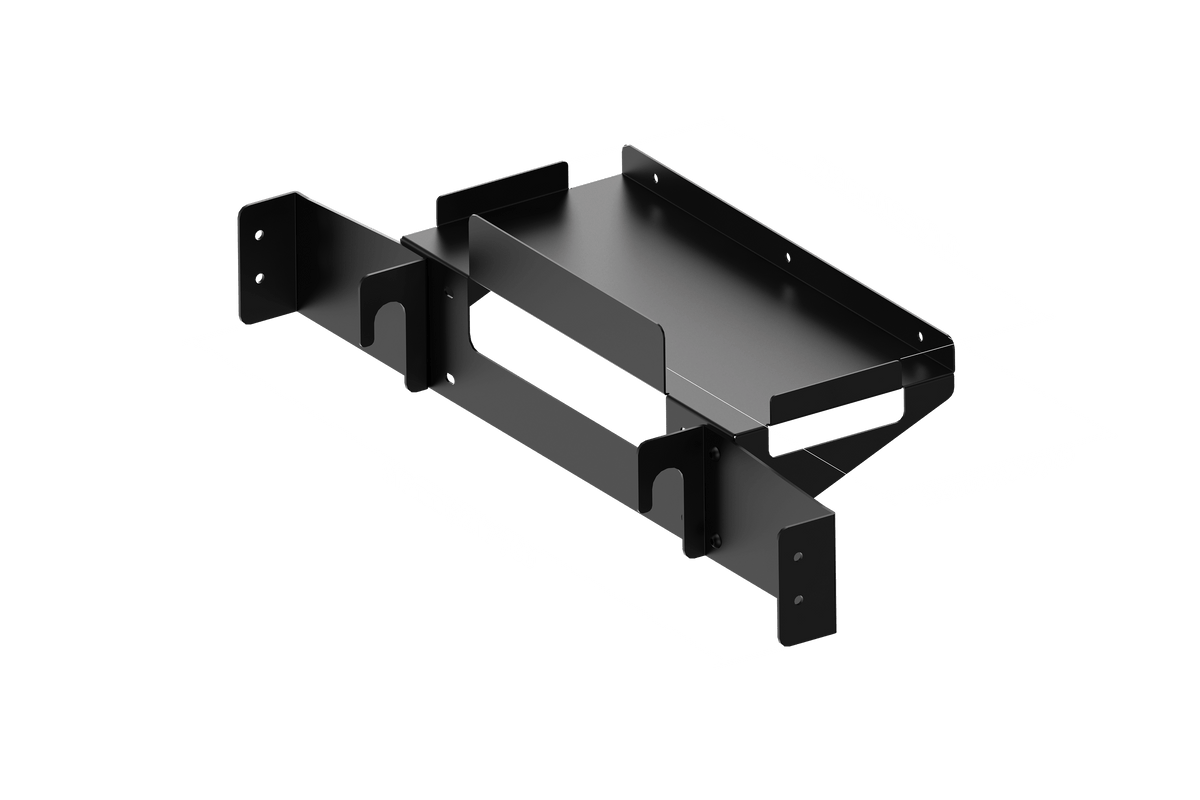 PC & Control Box Shelf for NexusView Steel Tube Monitor Stands – steel PC shelf bolted to a steel tube monitor stand – photo 2 of 12