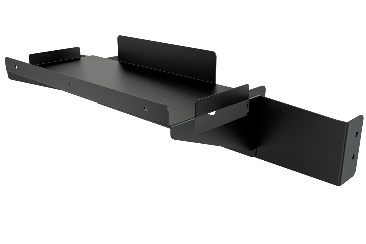 PC & Control Box Shelf for NexusView Steel Tube Monitor Stands – steel PC shelf bolted to a steel tube monitor stand – photo 3 of 12