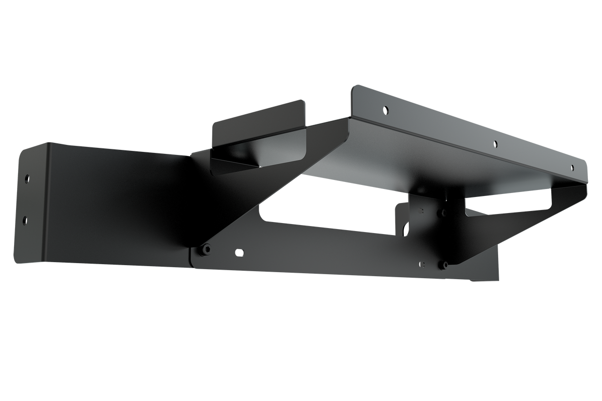 PC & Control Box Shelf for NexusView Steel Tube Monitor Stands – steel PC shelf bolted to a steel tube monitor stand – photo 4 of 12