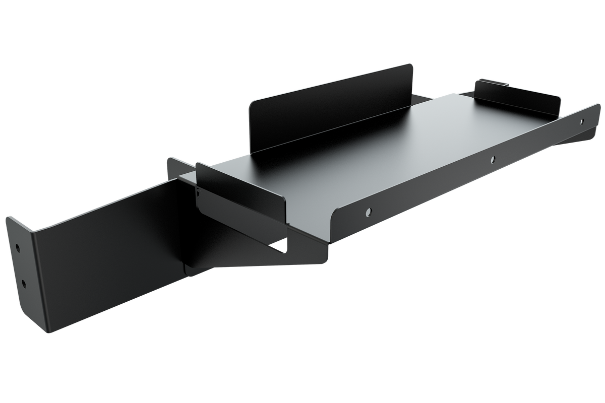 PC & Control Box Shelf for NexusView Steel Tube Monitor Stands – steel PC shelf bolted to a steel tube monitor stand – photo 6 of 12