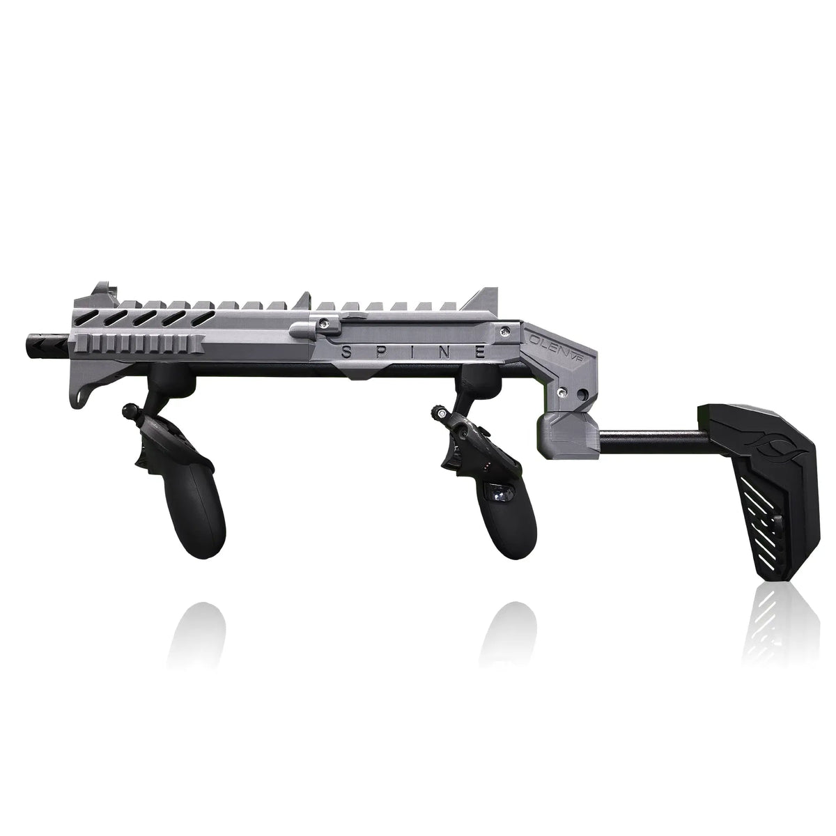 Smoke grey magnetic VR gun stock in use for competitive VR FPS - MetanexusXR