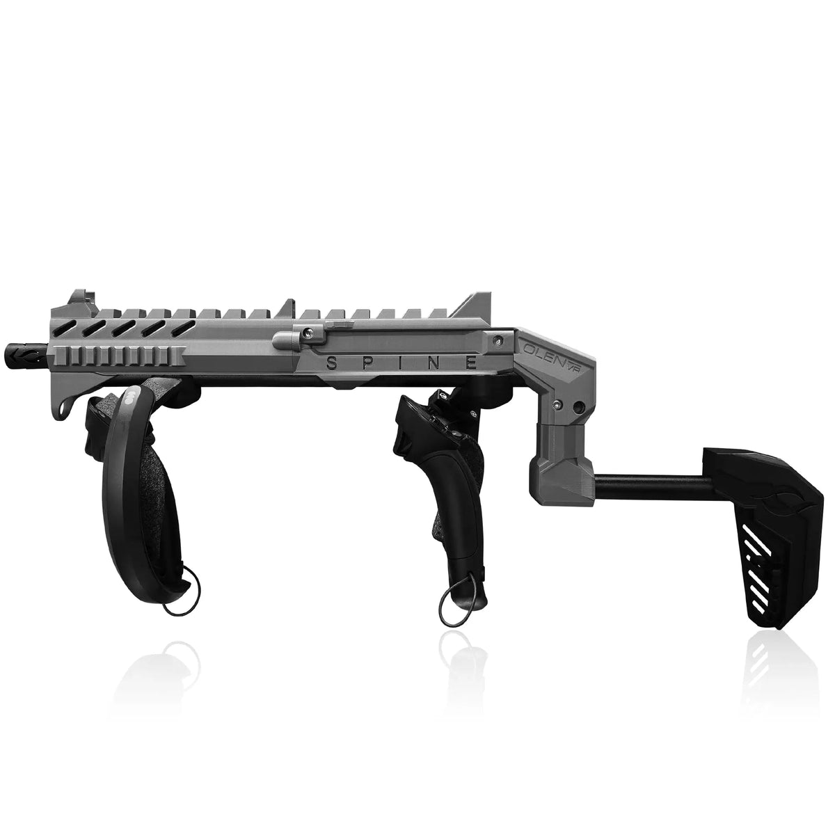 Smoke grey VR gun stock box contents: frame, magnetic cradles and hardware - MetanexusXR