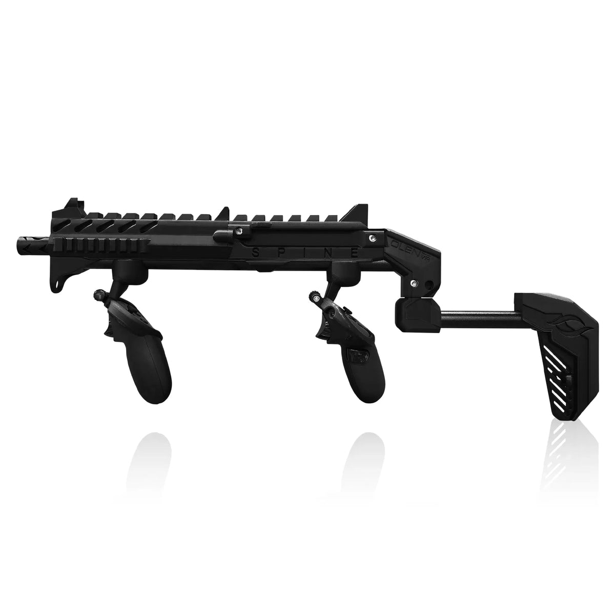 Matte black magnetic VR gun stock in use for competitive VR FPS - MetanexusXR
