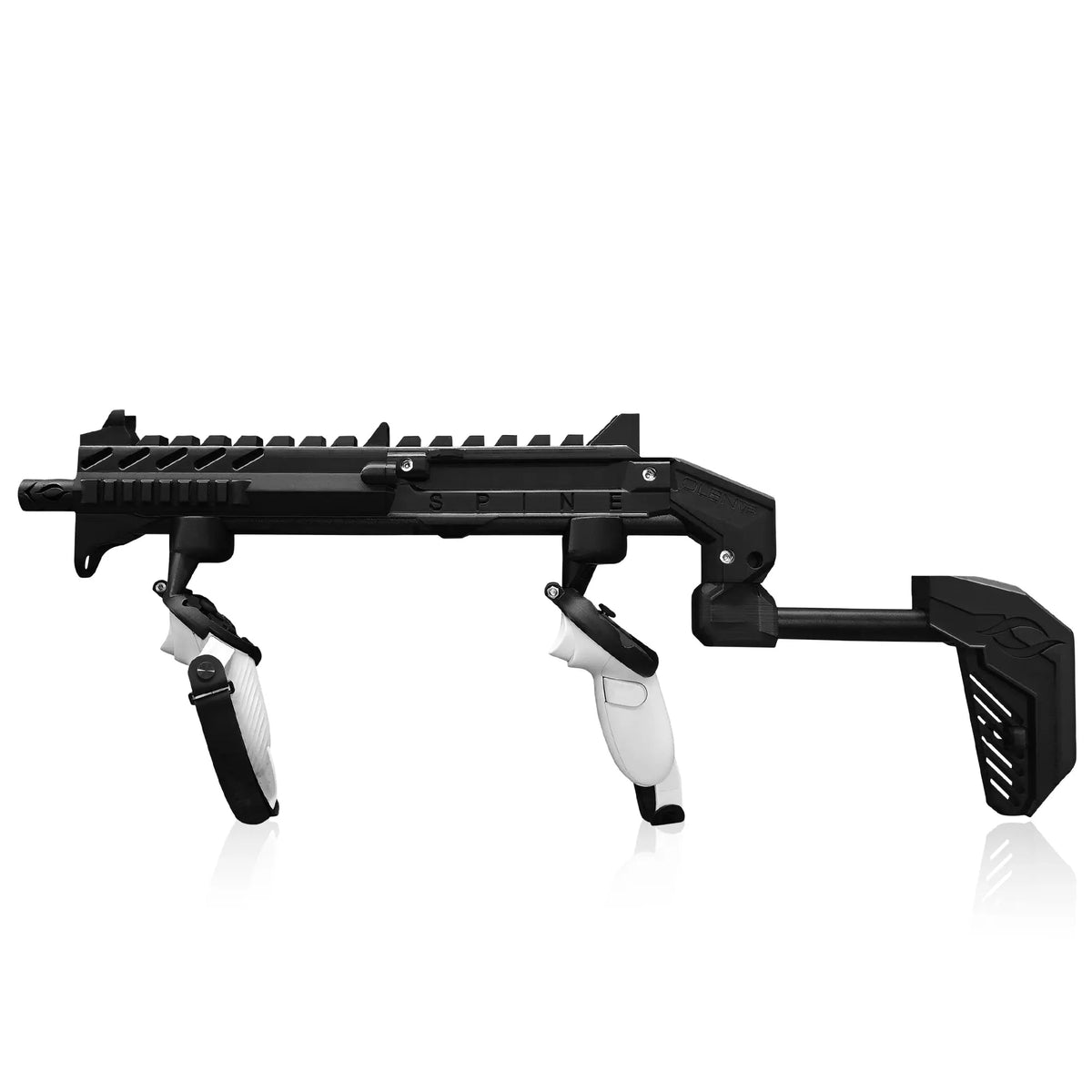 Matte black SPINE VR gun stock held in a rifle pose - MetanexusXR