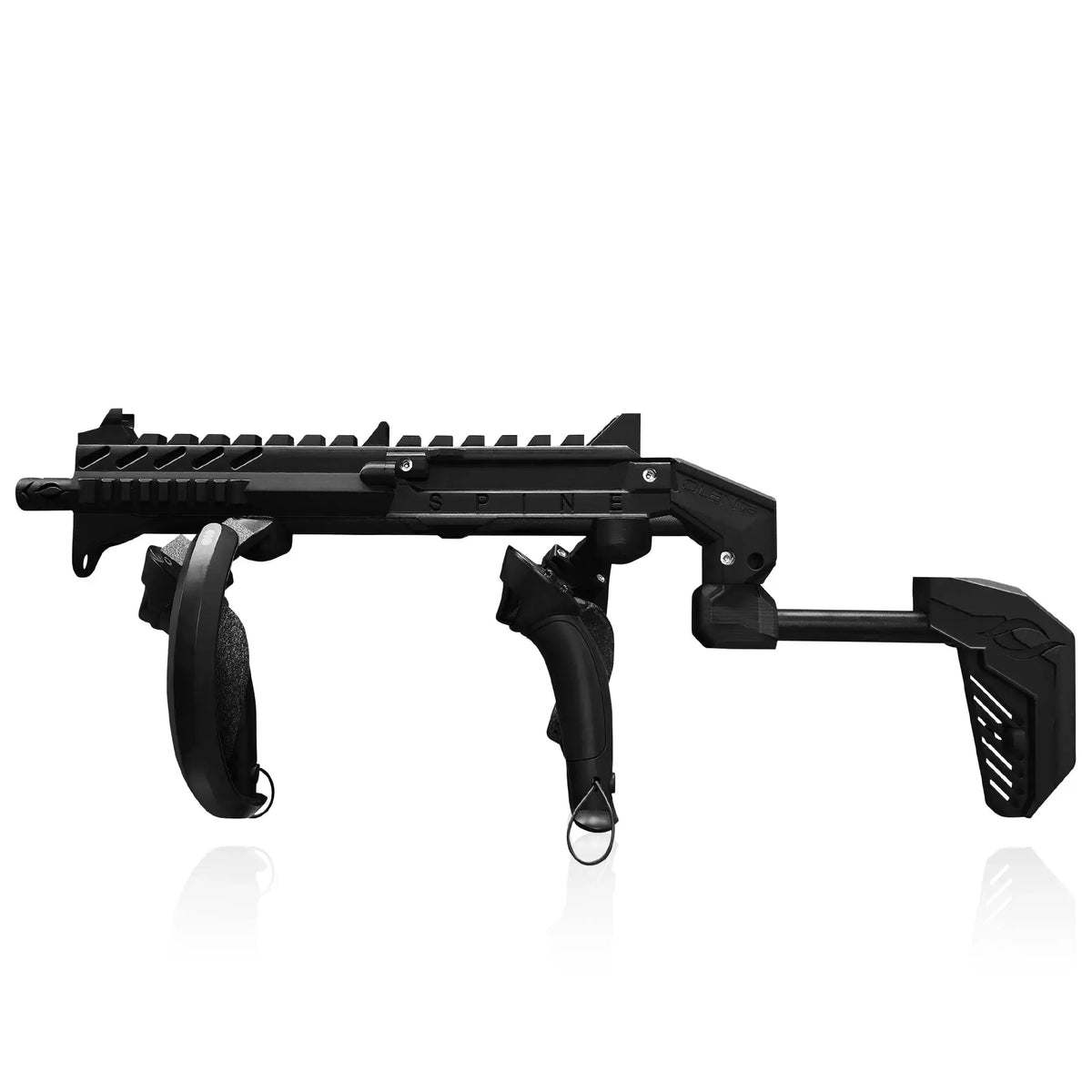 Matte black VR gun stock box contents: frame, magnetic cradles and hardware - MetanexusXR