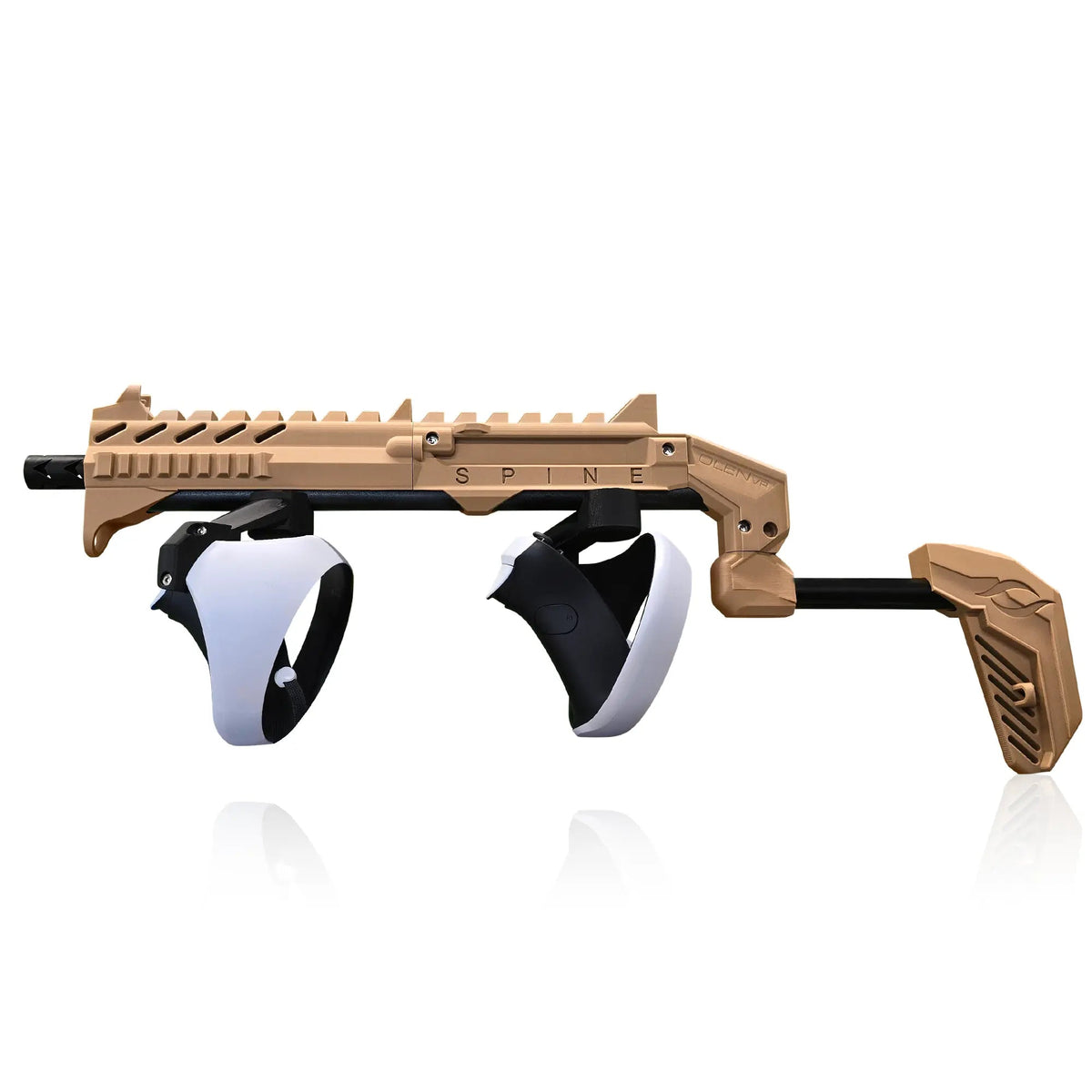 Desert tan SPINE VR gun stock held in a rifle pose - MetanexusXR