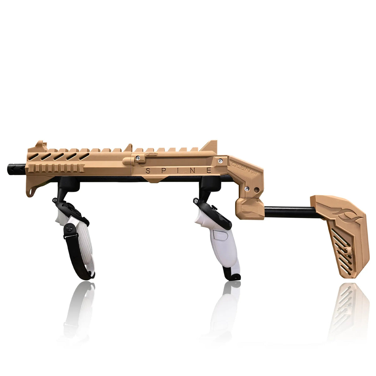 Desert tan SPINE VR gun stock top-down view - MetanexusXR