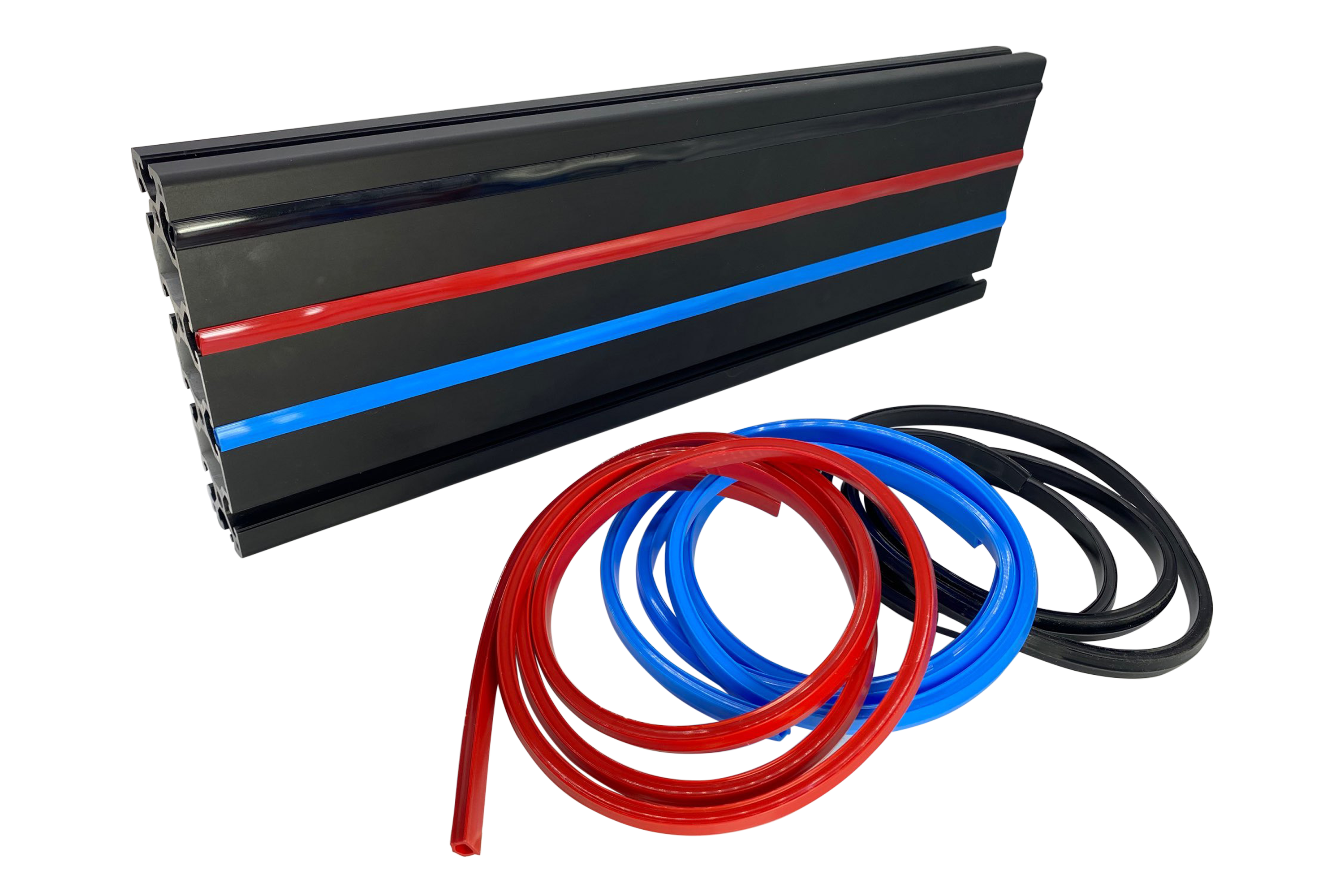 Red Rubber Slot Cover Strip for Aluminium Profile Sim Rigs – 2 m Anti-Slip, Anti-Rattle Trim – red rubber slot cover strip pressed into an aluminium profile – photo 1 of 5