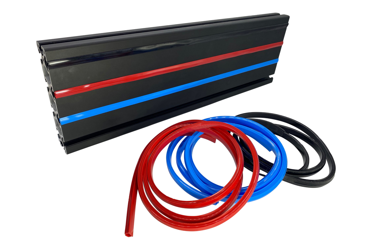 Red Rubber Slot Cover Strip for Aluminium Profile Sim Rigs – 2 m Anti-Slip, Anti-Rattle Trim – red rubber slot cover strip pressed into an aluminium profile – photo 1 of 5
