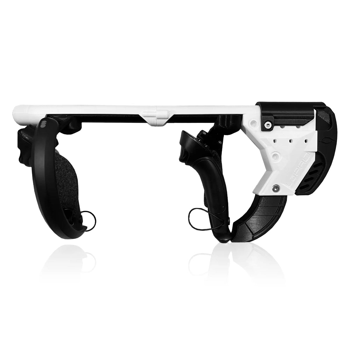 Low-profile VR rifle stock in Ghost grey, full side view - MetanexusXR MNX-GST-SENT-SHD-Q3-L-GHT-NS