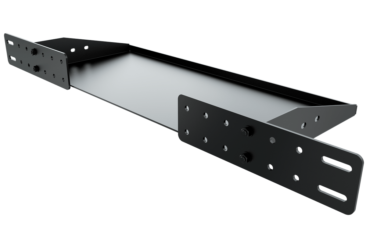 Sim Rig PC Shelf – Steel Computer Shelf for Aluminium Profile Cockpits & Monitor Stands – folded steel PC shelf mounted on an aluminium sim rig upright – photo 6 of 8