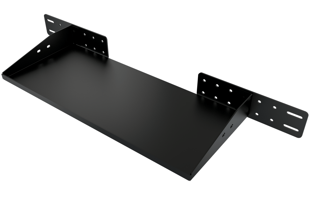 Sim Rig PC Shelf – Steel Computer Shelf for Aluminium Profile Cockpits & Monitor Stands – folded steel PC shelf mounted on an aluminium sim rig upright – photo 8 of 8