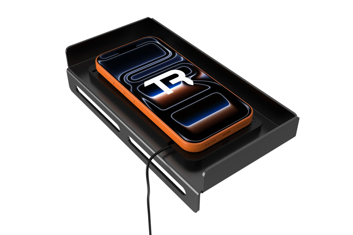 Sim Rig Wireless Charging Station – Qi Phone Charger Shelf for Racing & Flight Cockpits – Qi wireless charging phone shelf mounted on a sim rig – photo 1 of 4