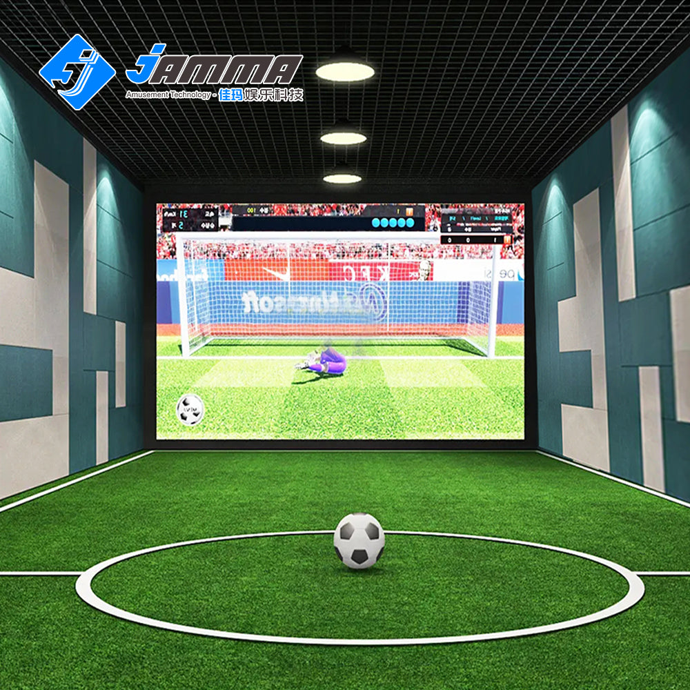 MetaNexusXR all-in-one multi-sport simulator. A player engages with soccer or golf on a large projection screen. | MetaNexusXR