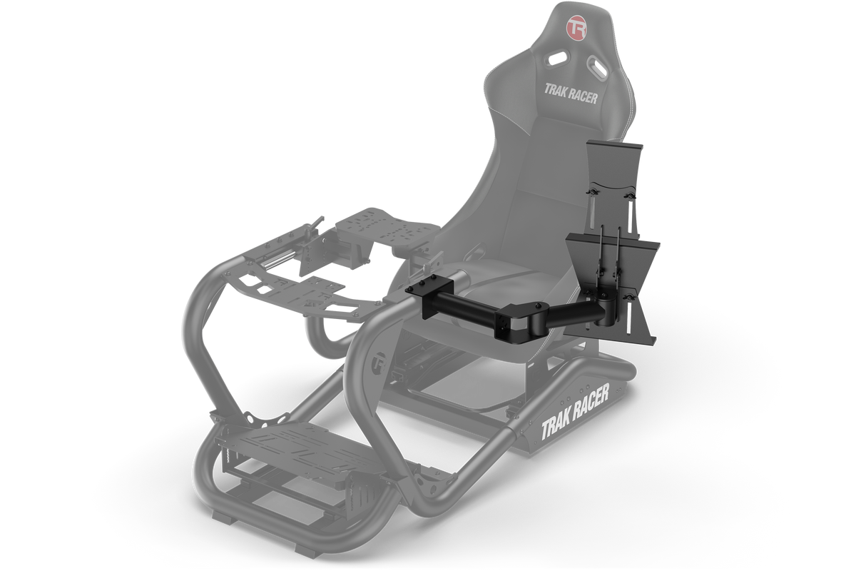 Tablet & Button Box Mount for NexusRig Apex and Velocity – Left or Right of Wheel – tablet and button box mount beside a sim racing wheel – photo 2 of 4