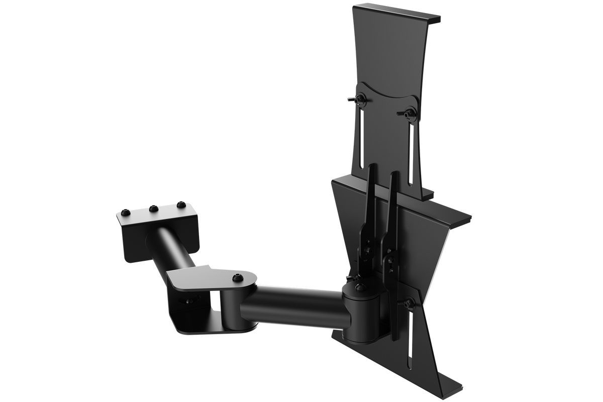 Tablet & Button Box Mount for NexusRig Apex and Velocity – Left or Right of Wheel – tablet and button box mount beside a sim racing wheel – photo 3 of 4